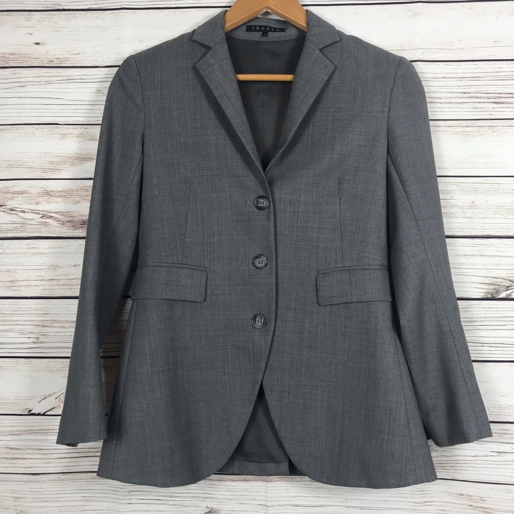 Theory Gray Three Button Wool Blend Blazer Size 4 - image 1